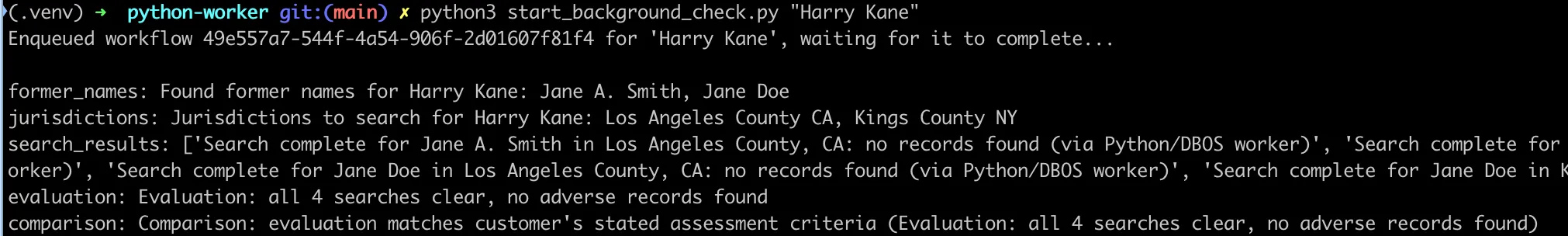 Terminal output of a DBOS background check workflow for Harry Kane