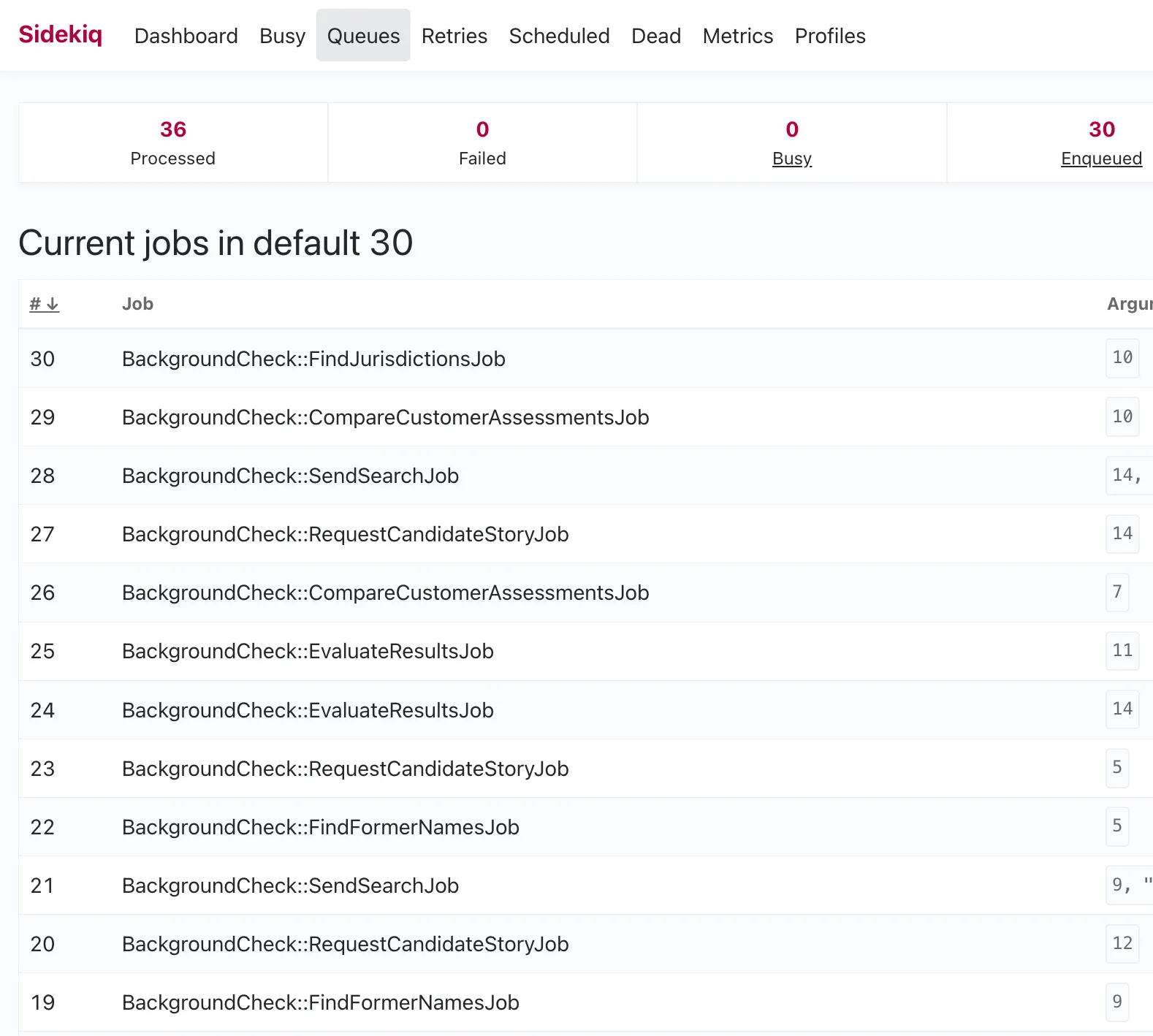 Sidekiq Web UI showing 30 enqueued BackgroundCheck jobs in the default queue